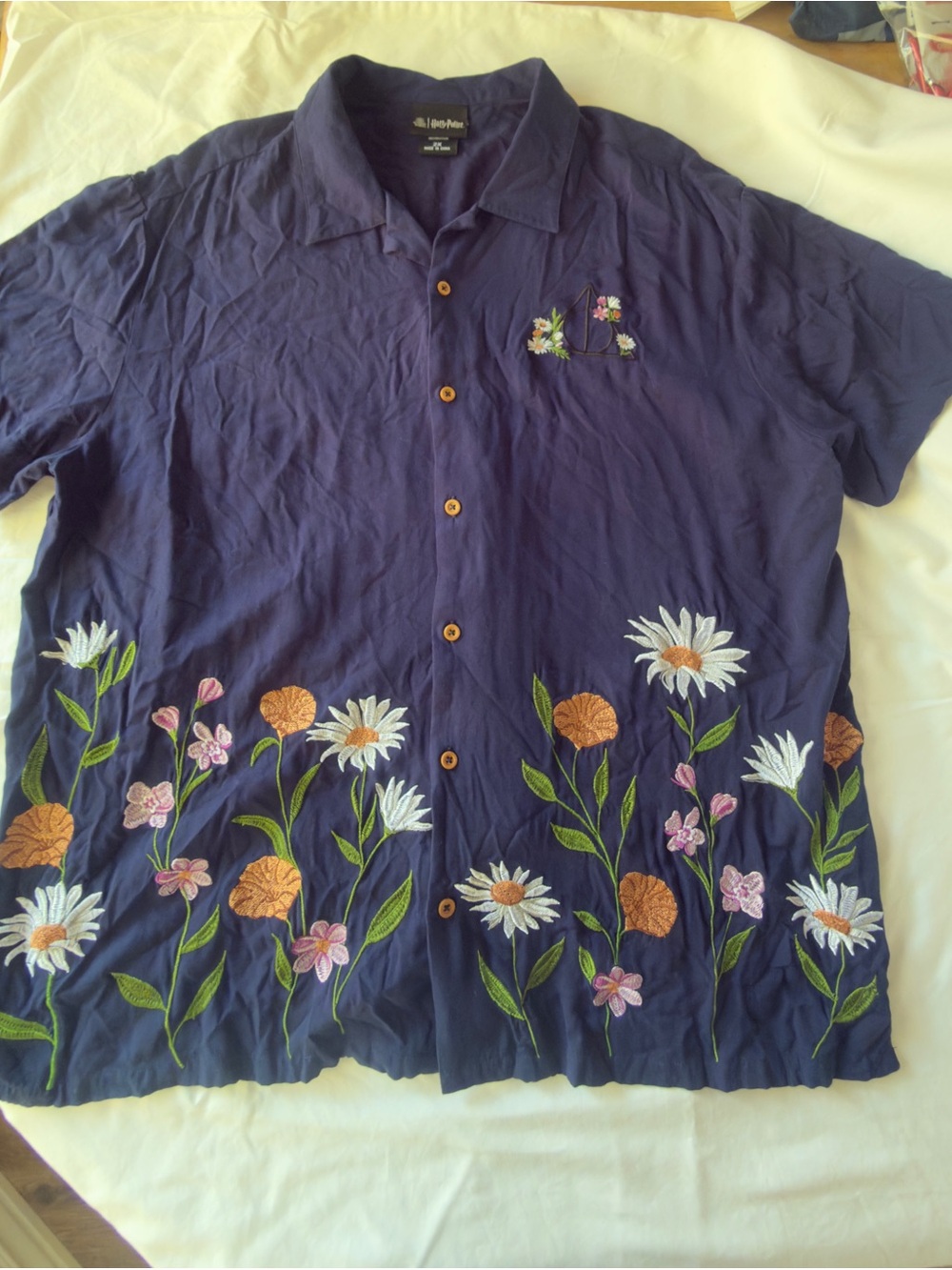 Men's Navy Embroidered Floral Button-Down Shirt